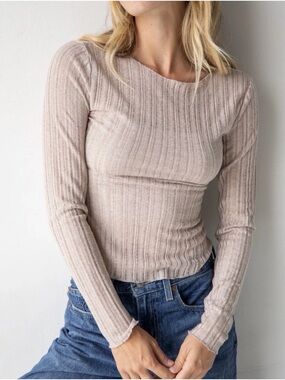 Natural Life Ribbed Long Sleeve Top in Light Beige/Taupe